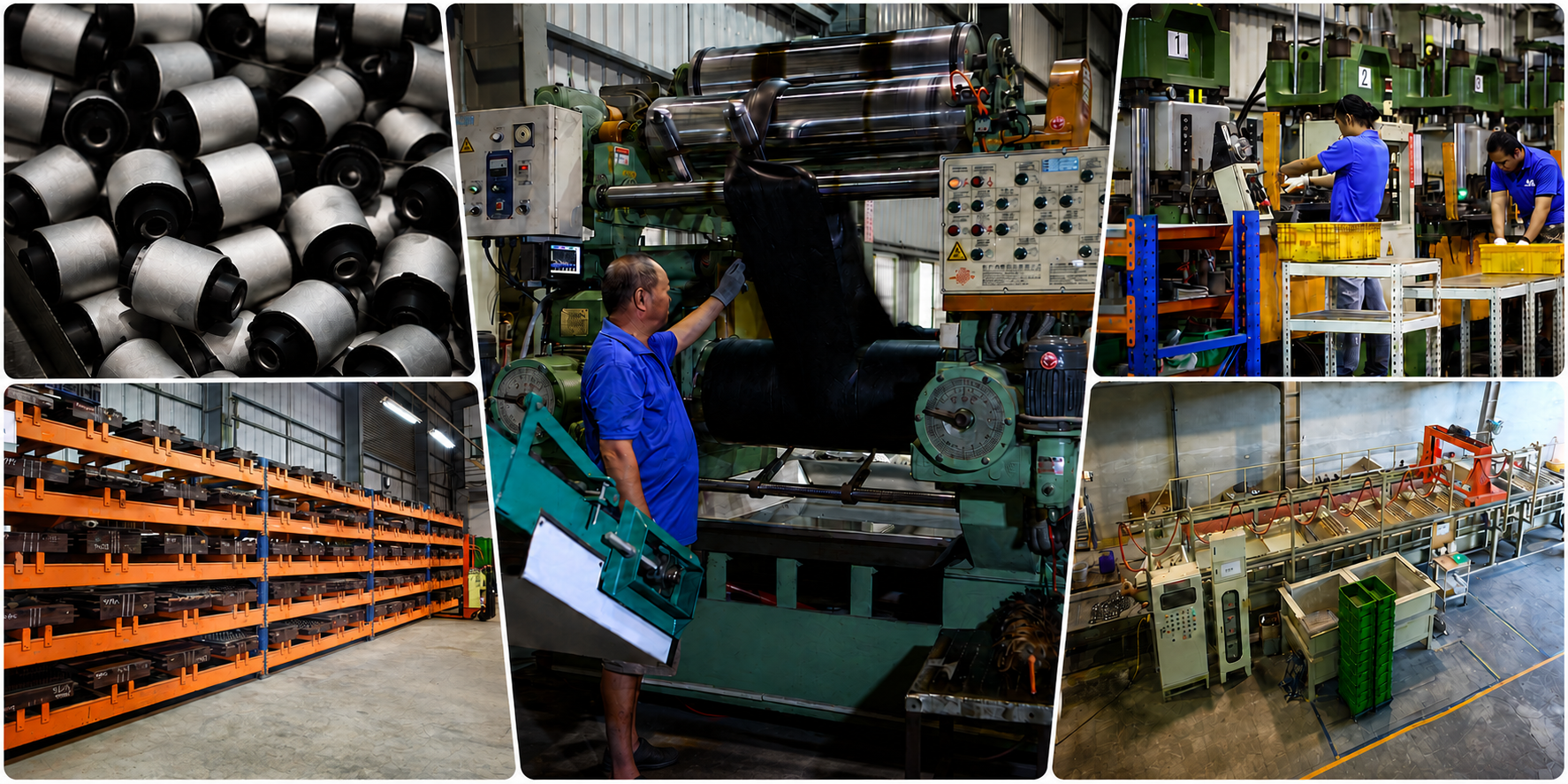 SAS-168 rubber manufacturing facility, production equipment, operators, and rubber components